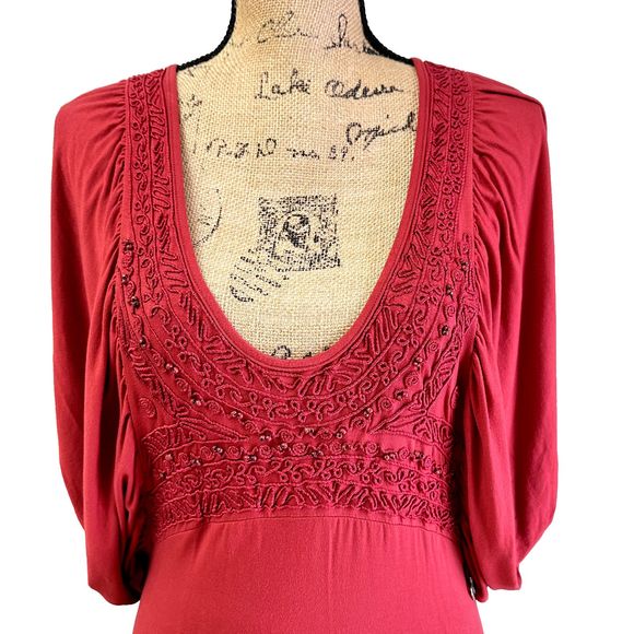 VTG Jersey Dress SHIRT PASSION ITALIA Dark Red Embroidered Bat Sleeves SZ S - Picture 2 of 14